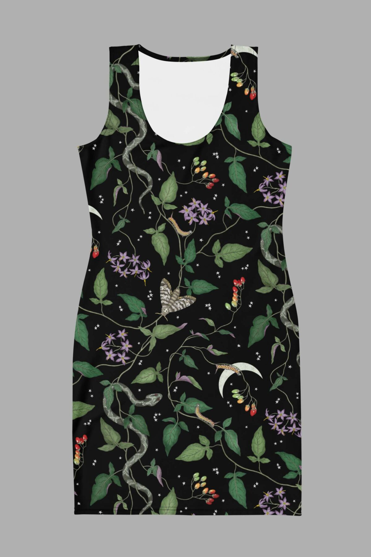 cosmic drifters nightshade print bodycon dress front2