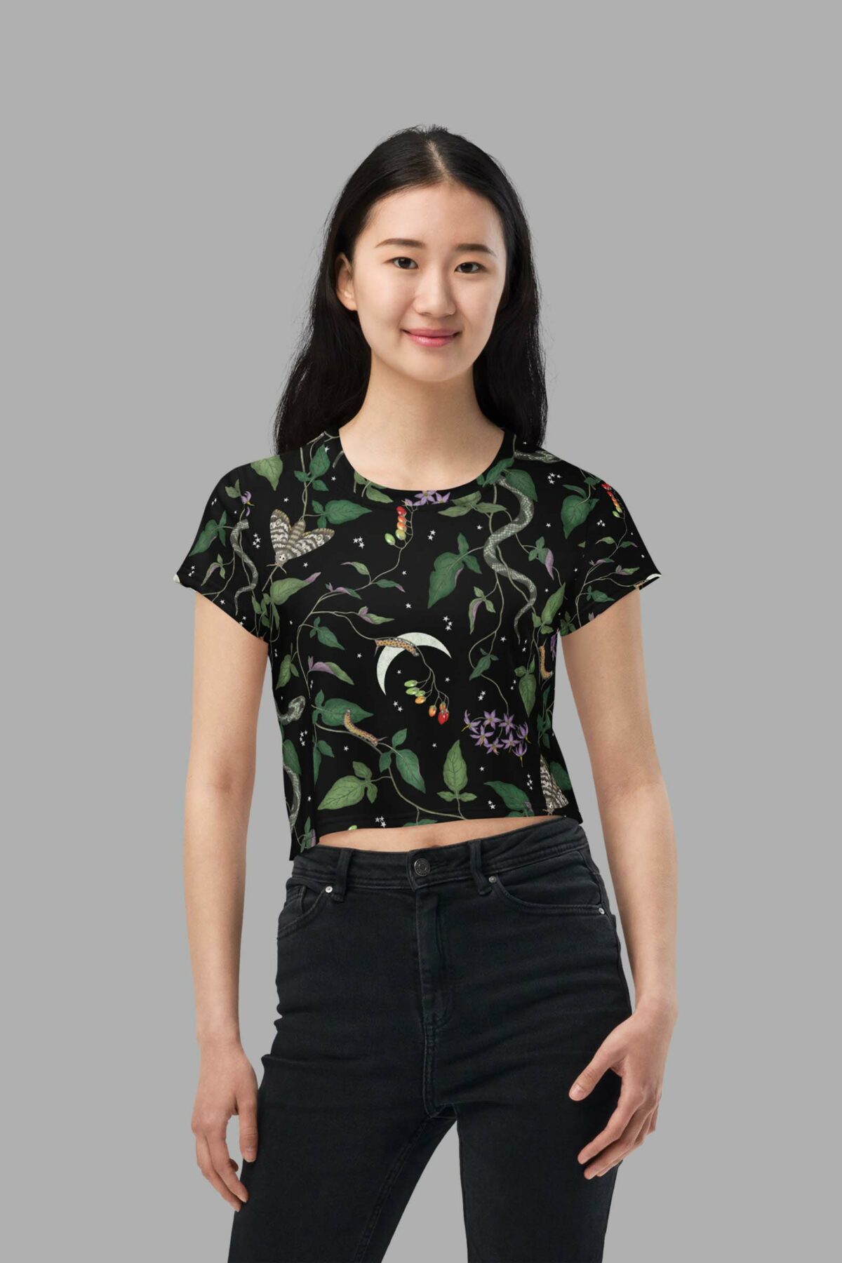 cosmic drifters nightshade print crop tee front