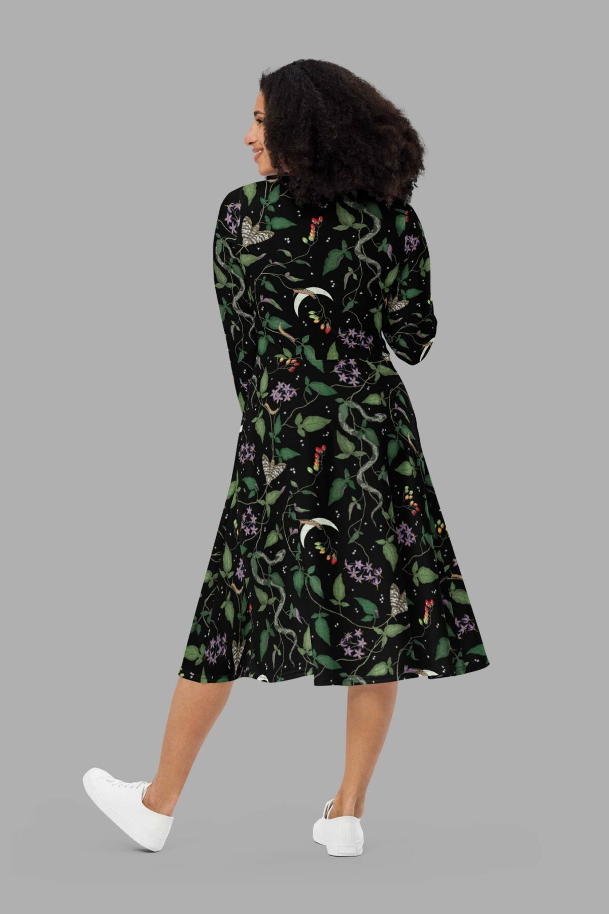 cosmic drifters nightshade print long sleeve midi dress back