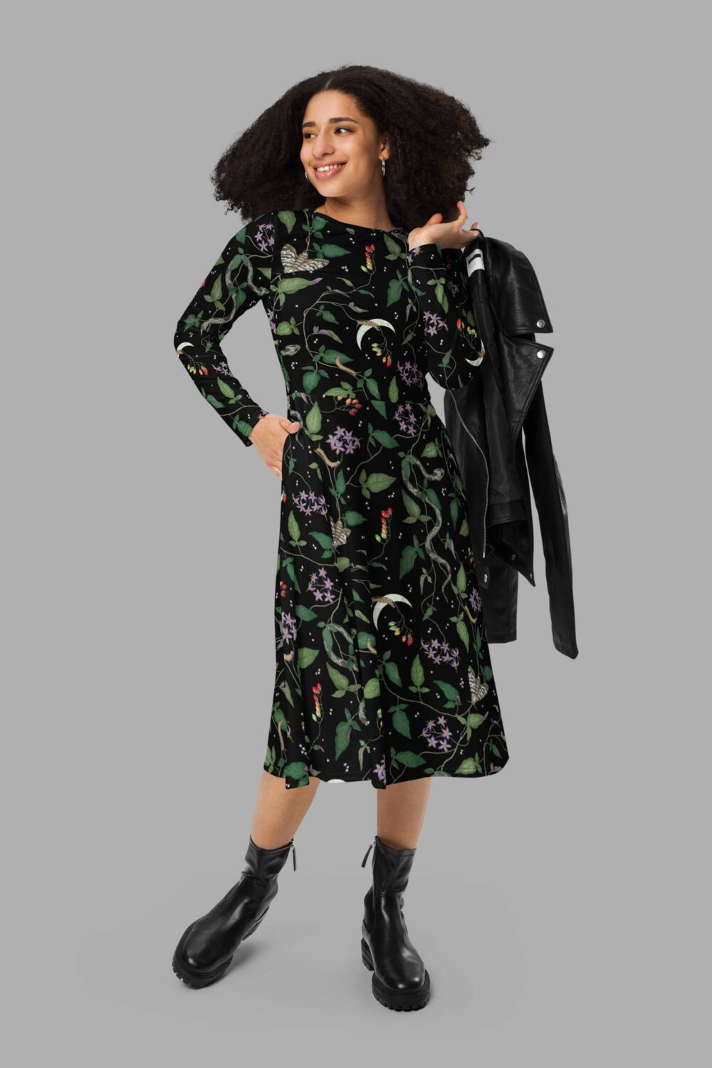 cosmic drifters nightshade print long sleeve midi dress front