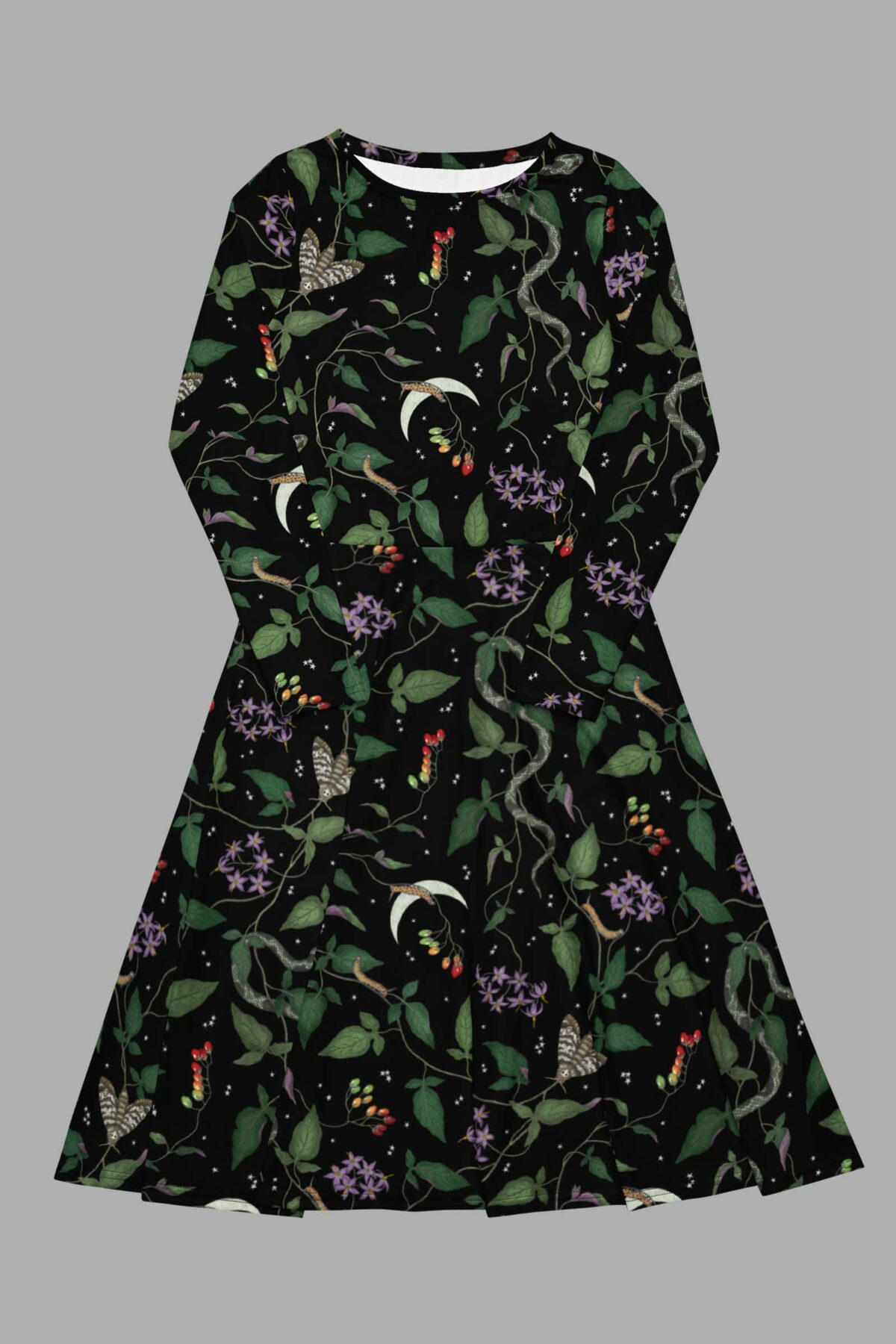 cosmic drifters nightshade print long sleeve midi dress front2