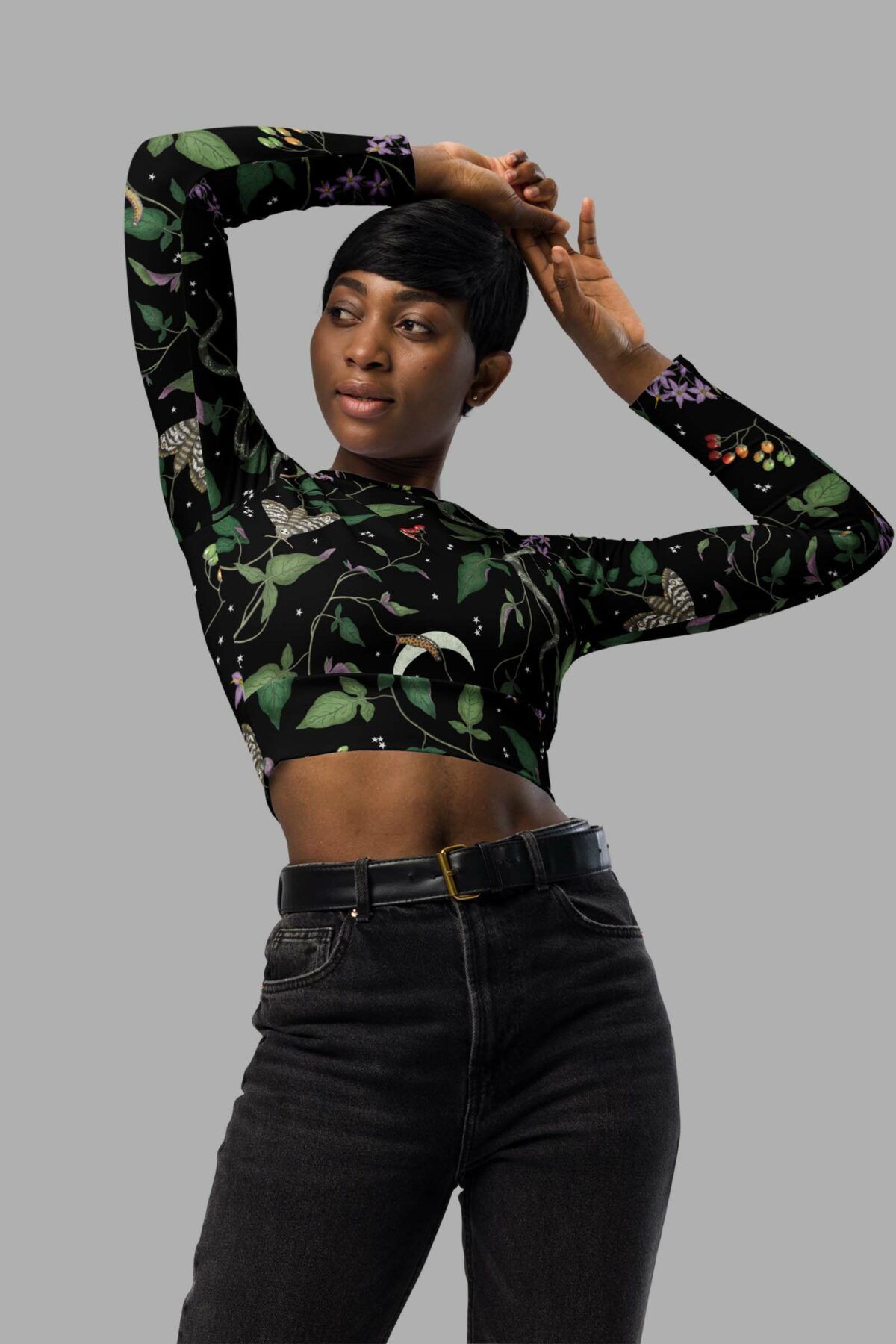 cosmic drifters nightshade print recycled long sleeve crop top close