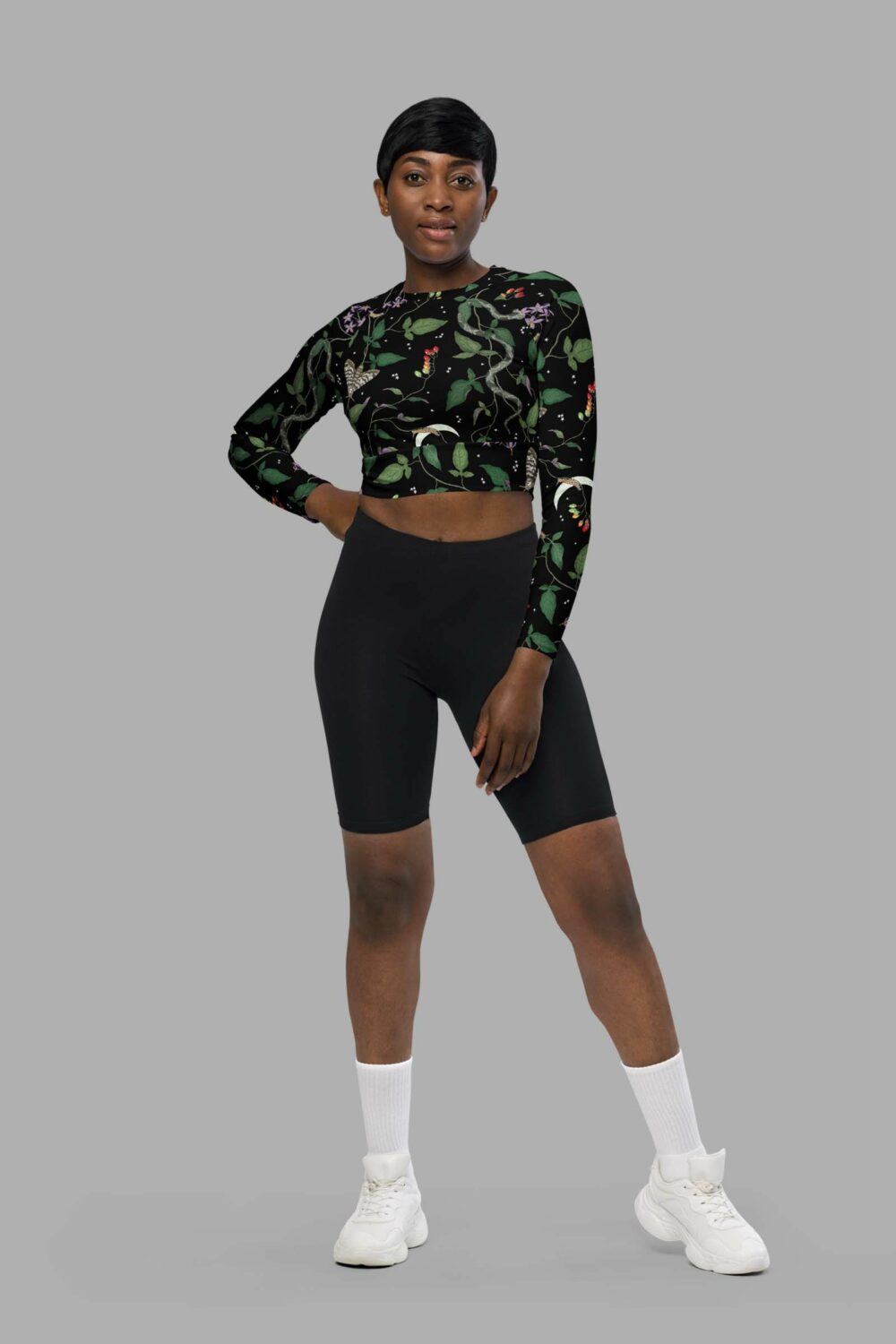 cosmic drifters nightshade print recycled long sleeve crop top front