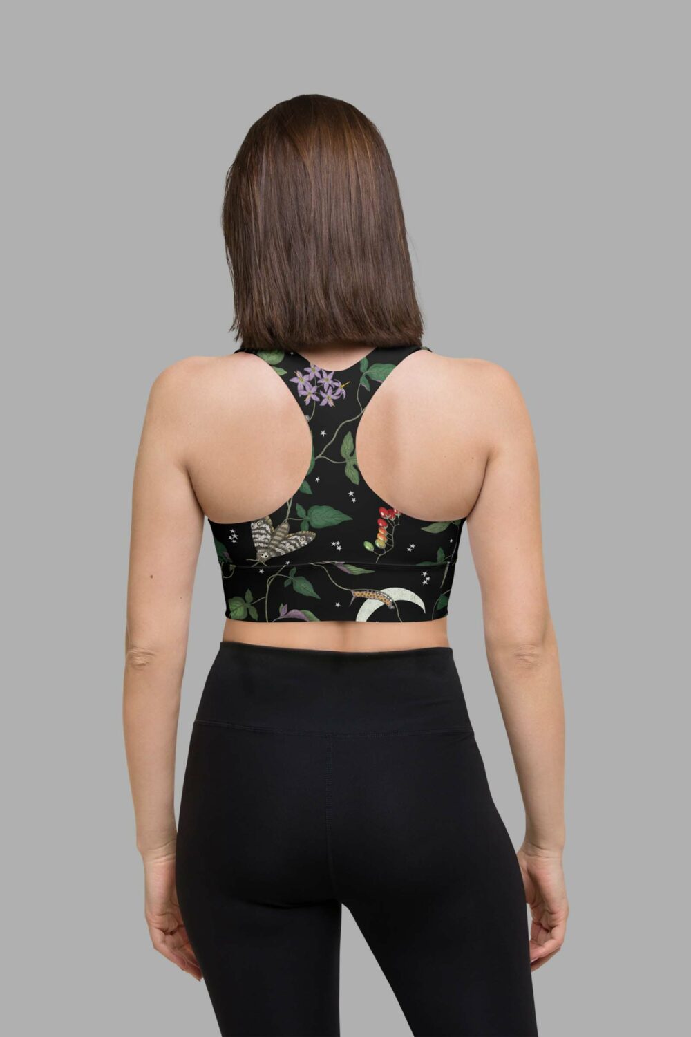 cosmic drifters nightshade print recycled longline sports bra back