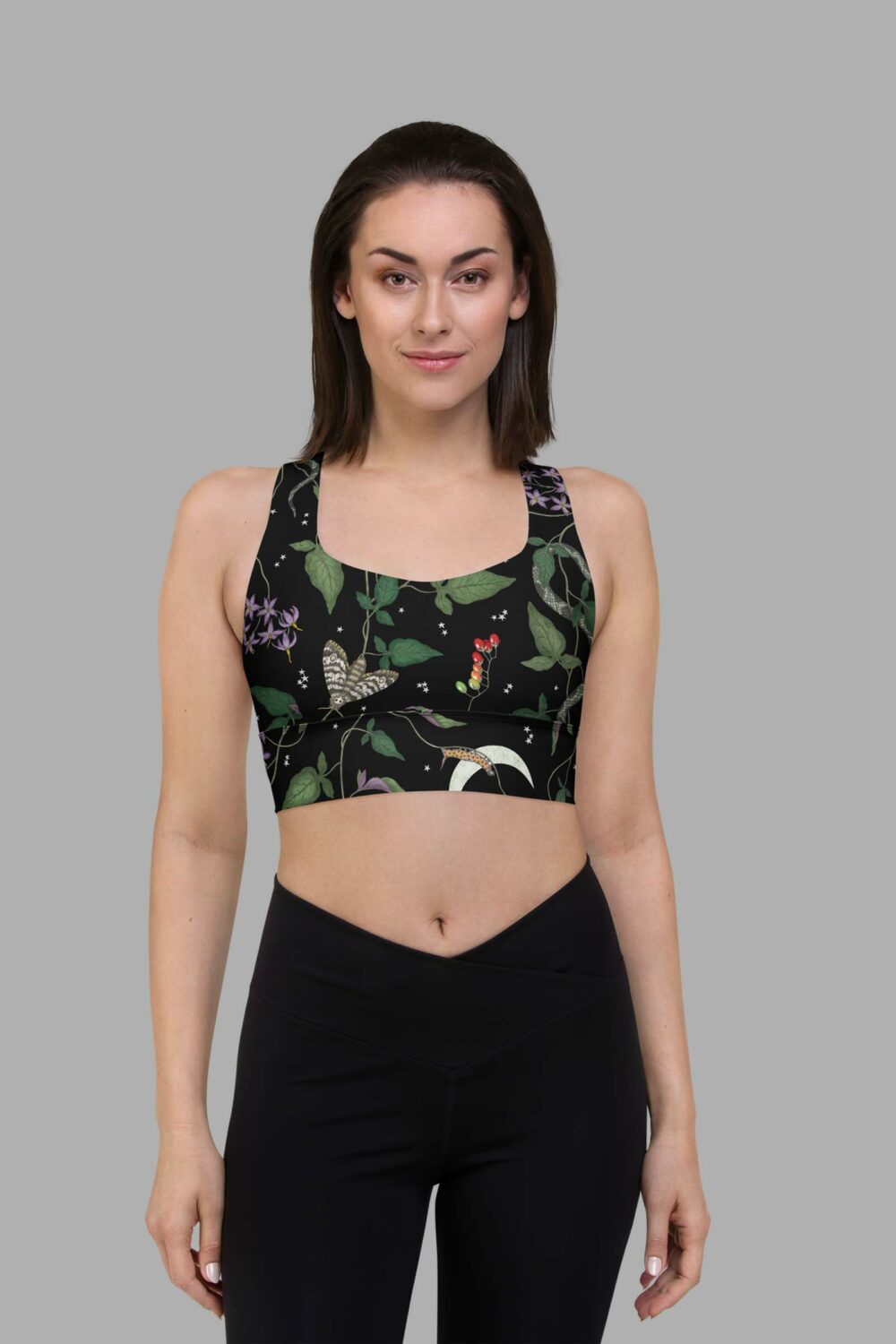 cosmic drifters nightshade print recycled longline sports bra front