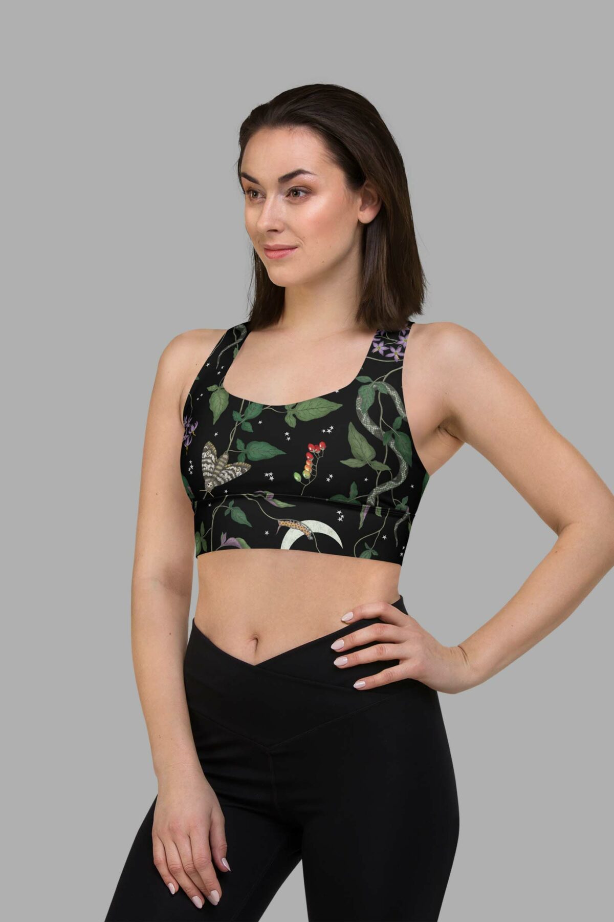 cosmic drifters nightshade print recycled longline sports bra side