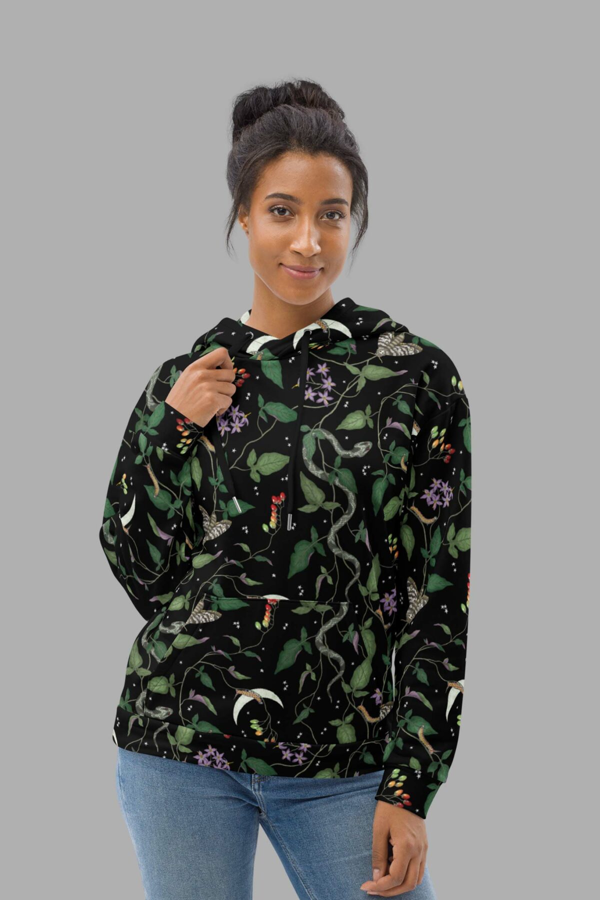 cosmic drifters nightshade print recycled unisex hoodie front