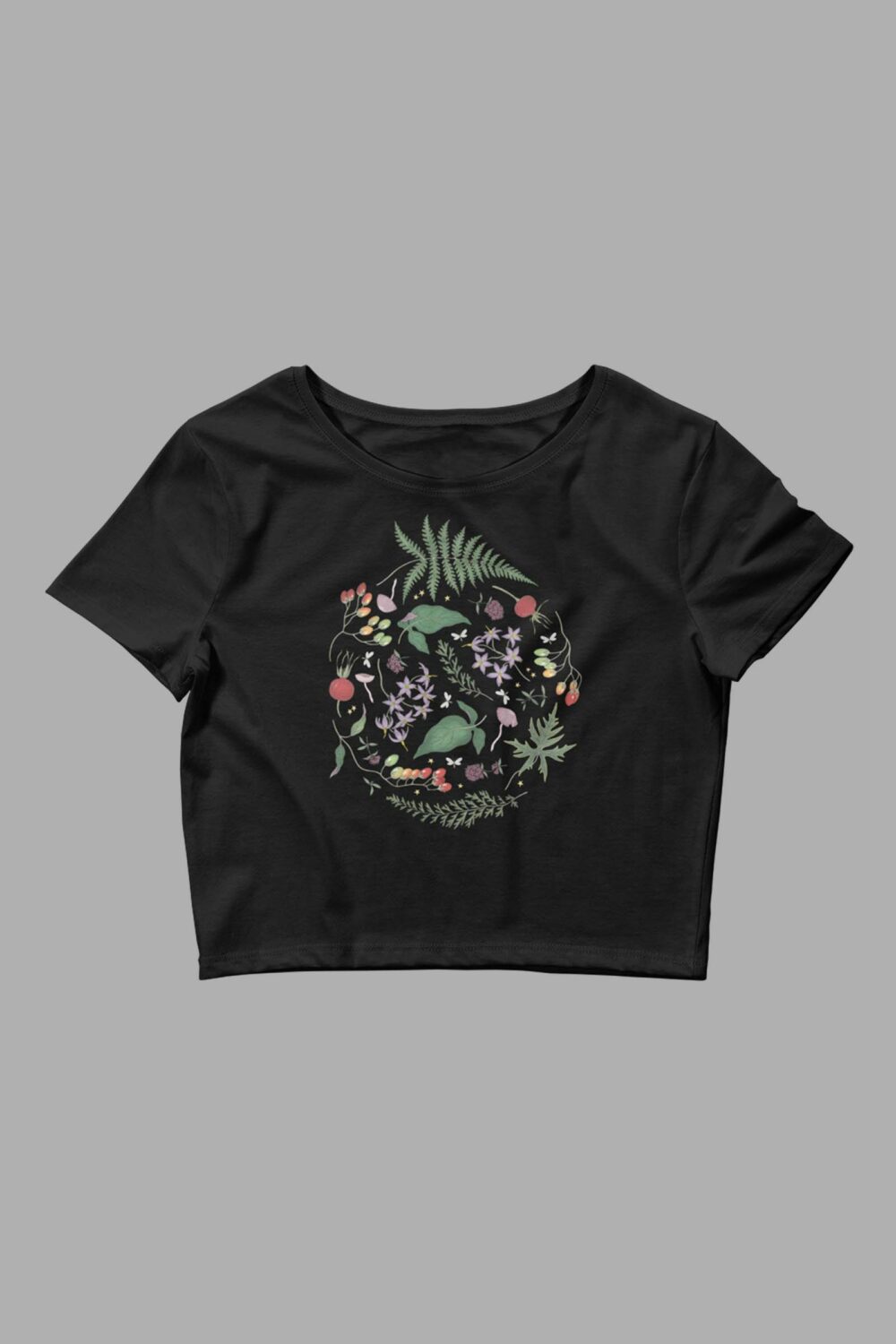 cosmic drifters nightshade print womens crop tee black front