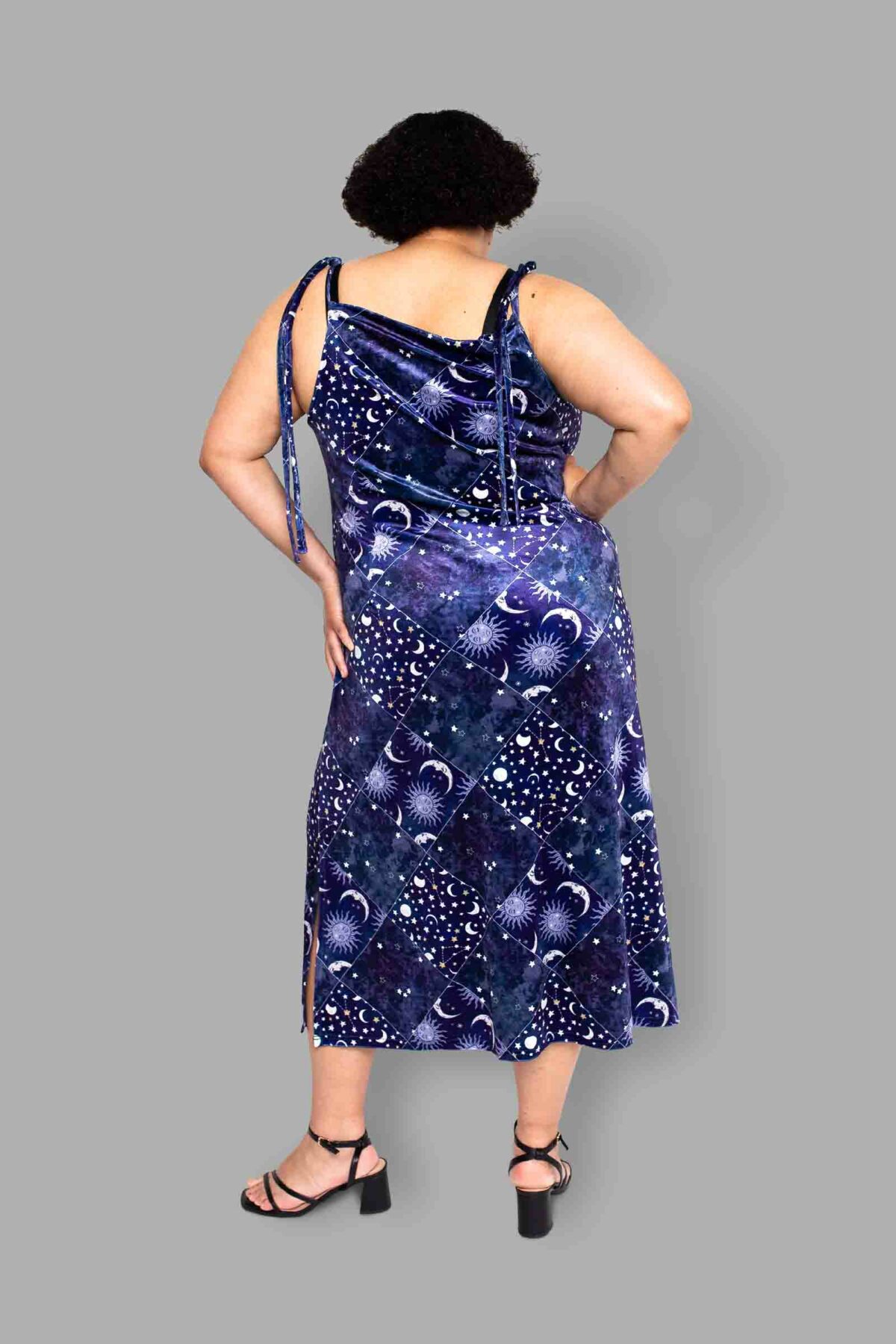 cosmic drifters patchwork celestial print velvet dress back