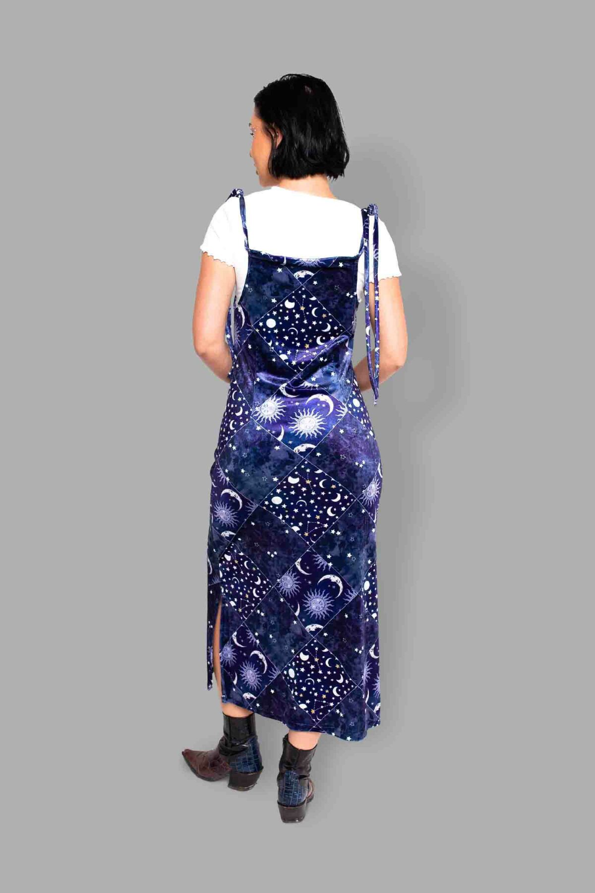 cosmic drifters patchwork celestial print velvet dress back2