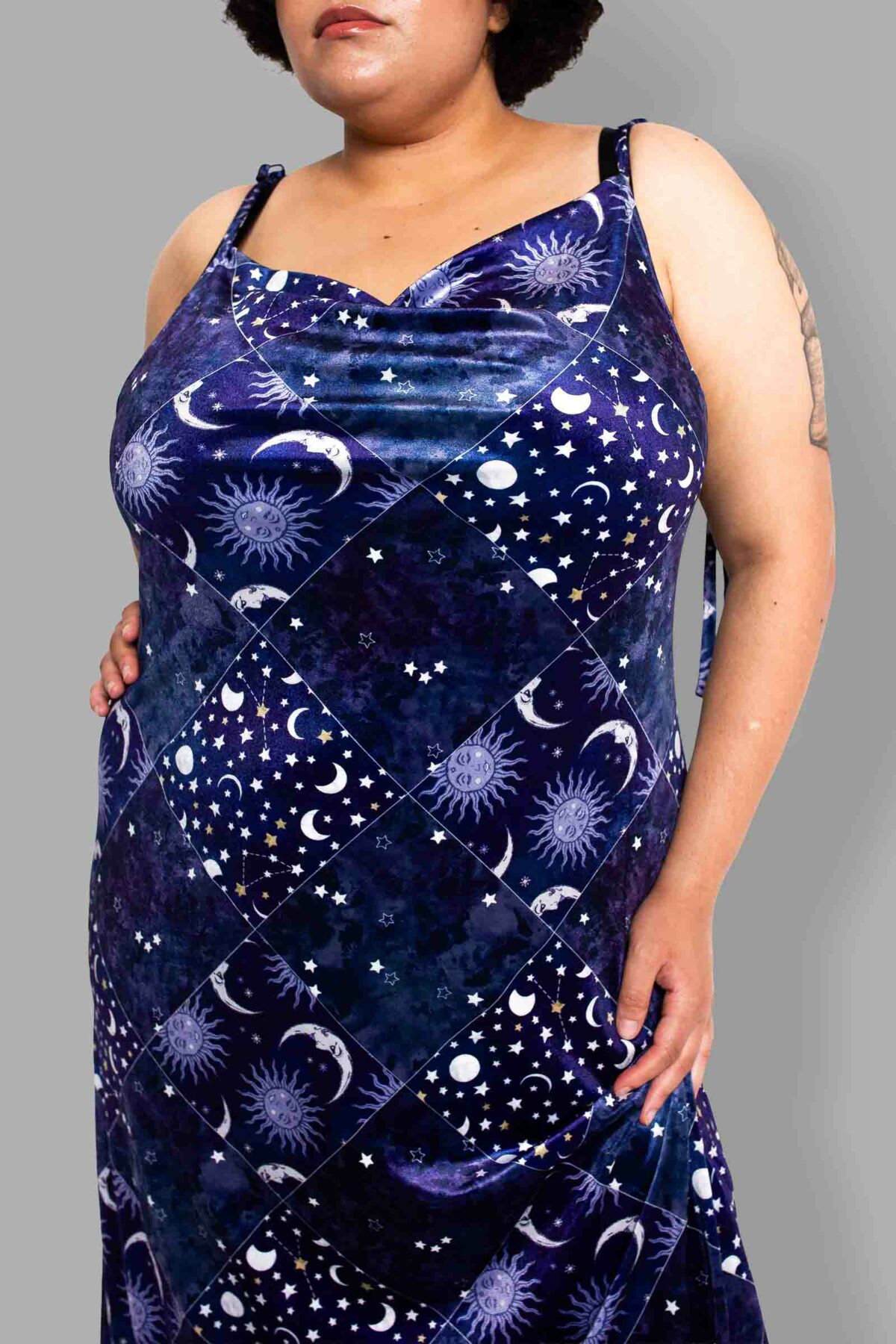 cosmic drifters patchwork celestial print velvet dress close