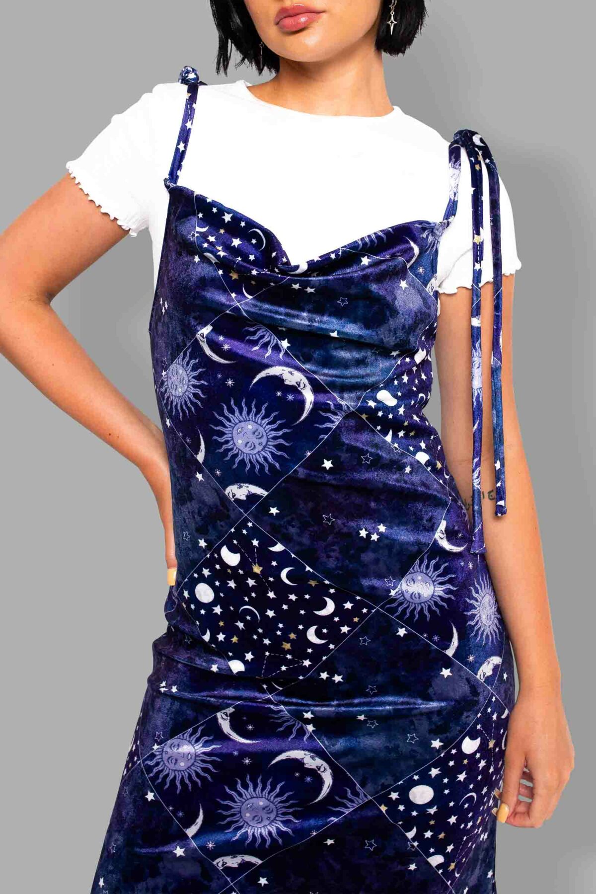 cosmic drifters patchwork celestial print velvet dress close2