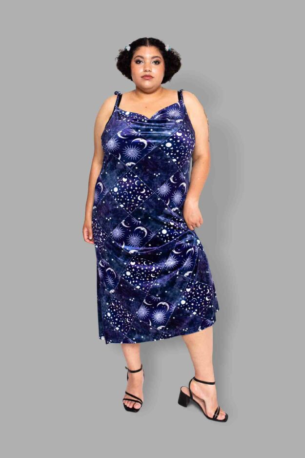 cosmic drifters patchwork celestial print velvet dress front
