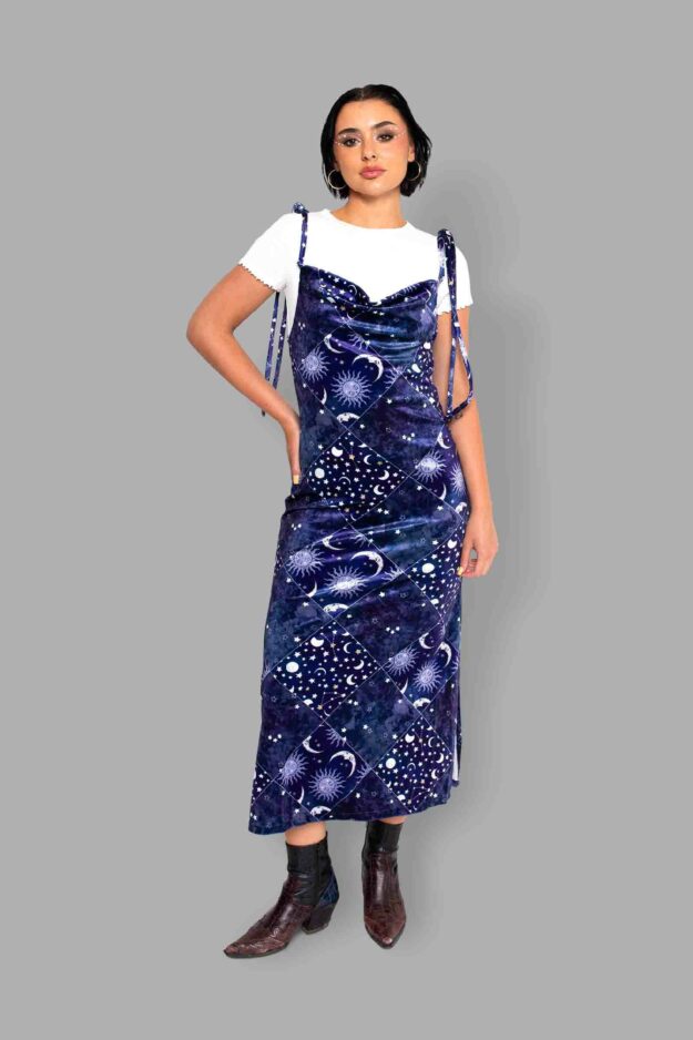 cosmic drifters patchwork celestial print velvet dress front2