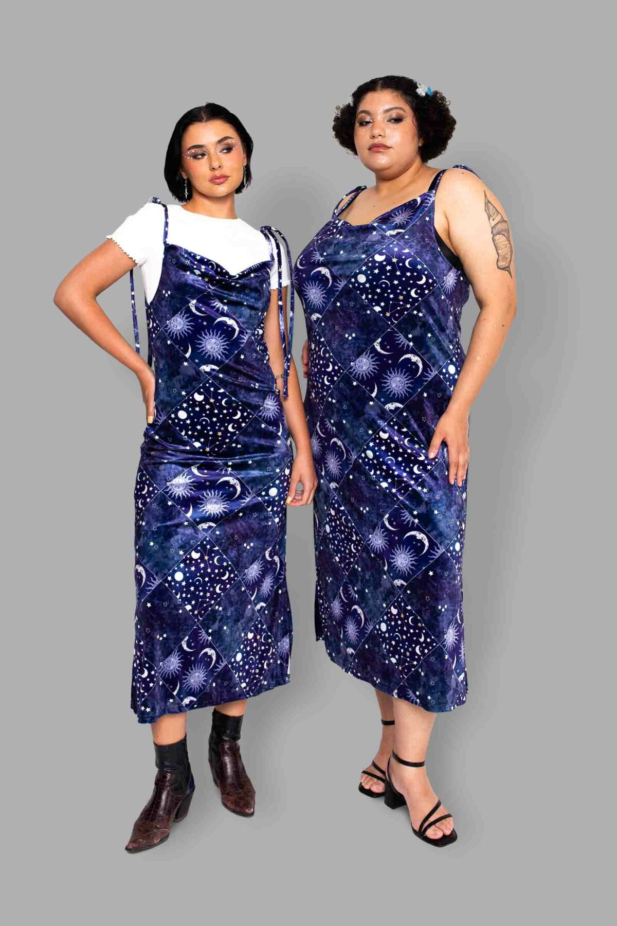 cosmic drifters patchwork celestial print velvet dress pairs