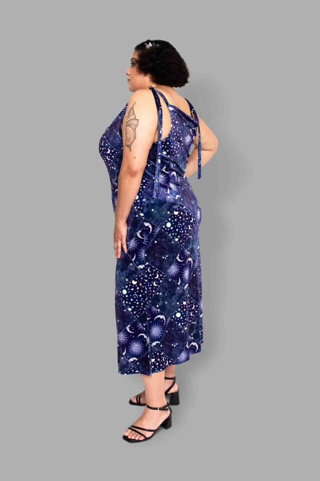 cosmic drifters patchwork celestial print velvet dress side
