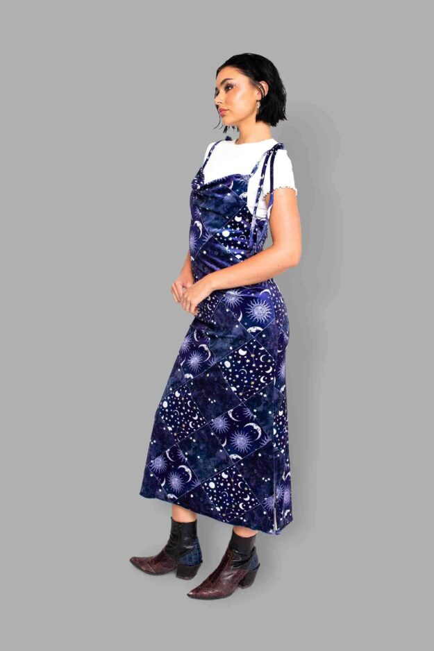 cosmic drifters patchwork celestial print velvet dress side2