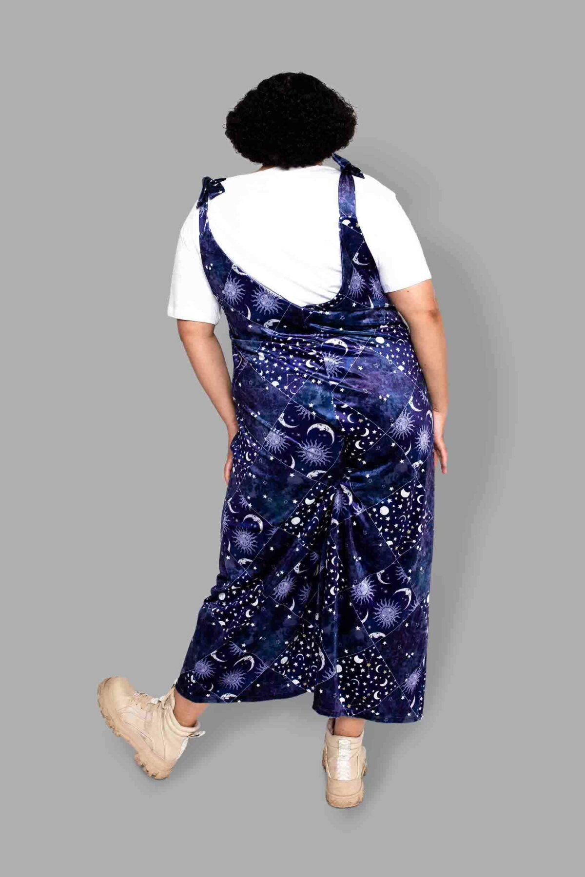 cosmic drifters patchwork celestial print velvet romper back
