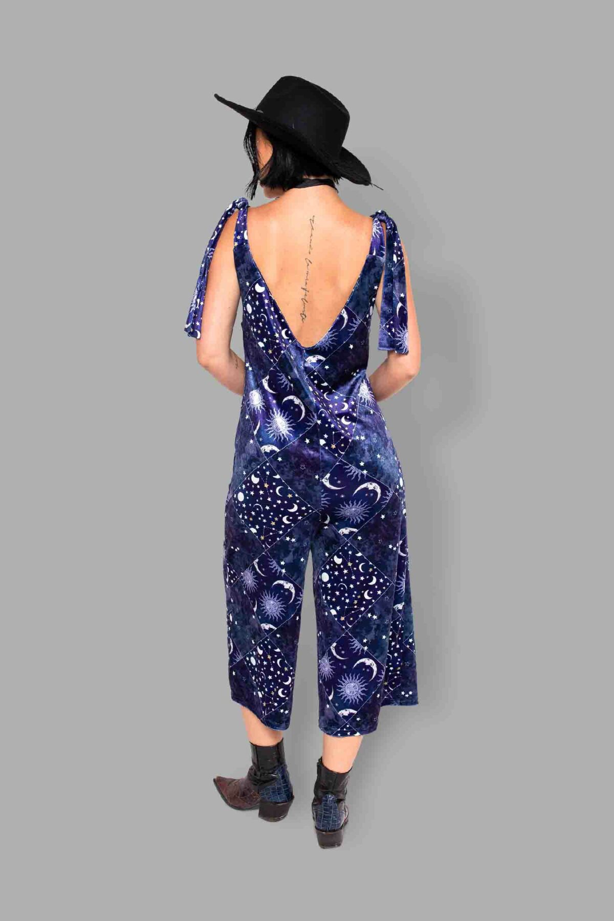 cosmic drifters patchwork celestial print velvet romper back3