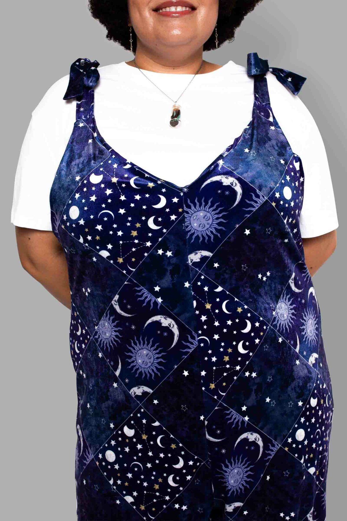 cosmic drifters patchwork celestial print velvet romper close