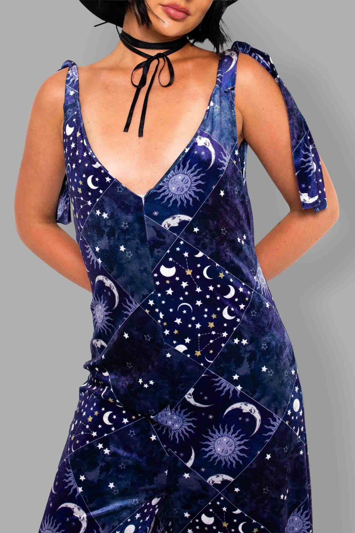 cosmic drifters patchwork celestial print velvet romper close2