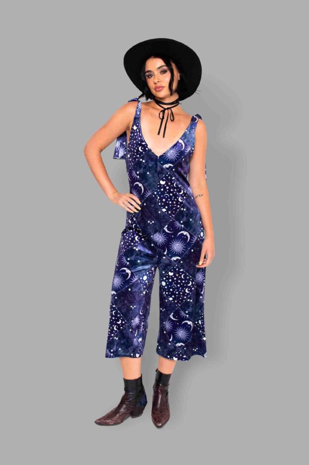cosmic drifters patchwork celestial print velvet romper front2