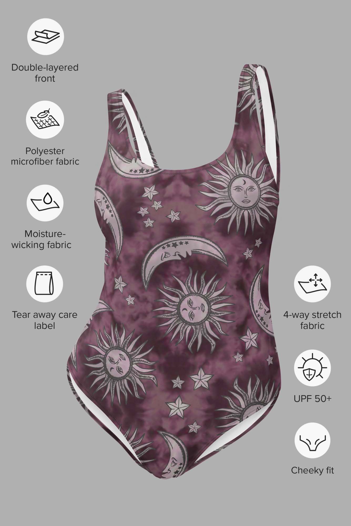 cosmic drifters pink suns moons print all over print one piece swimsuit