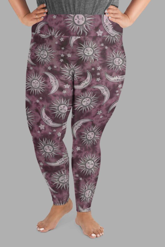 cosmic drifters pink suns moons print plus size leggings front