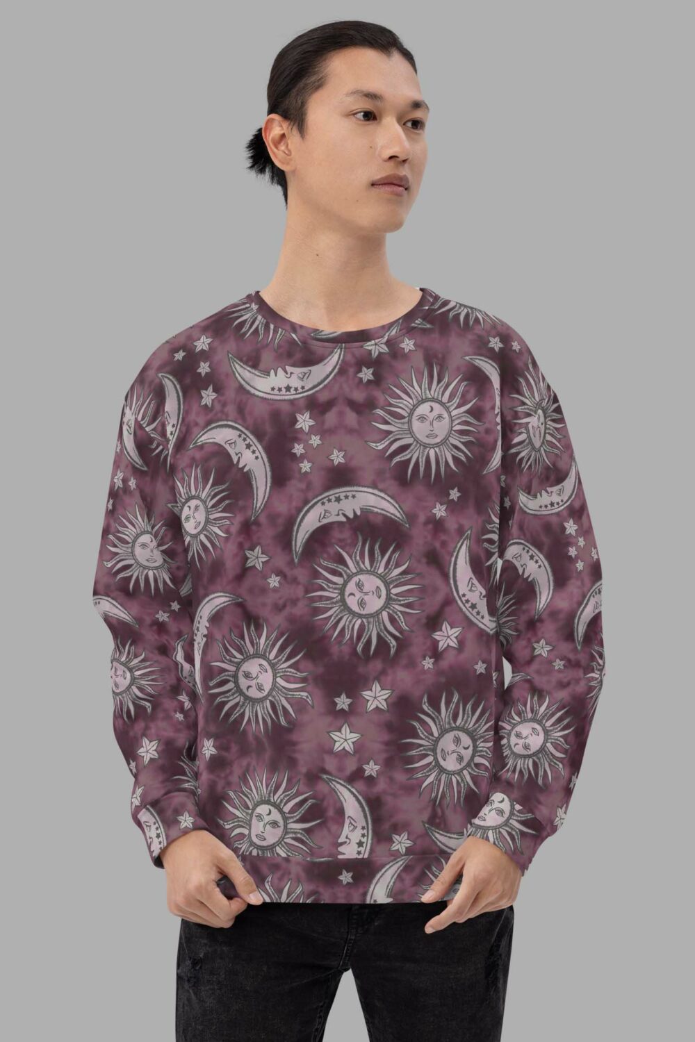cosmic drifters pink suns moons print sweater front