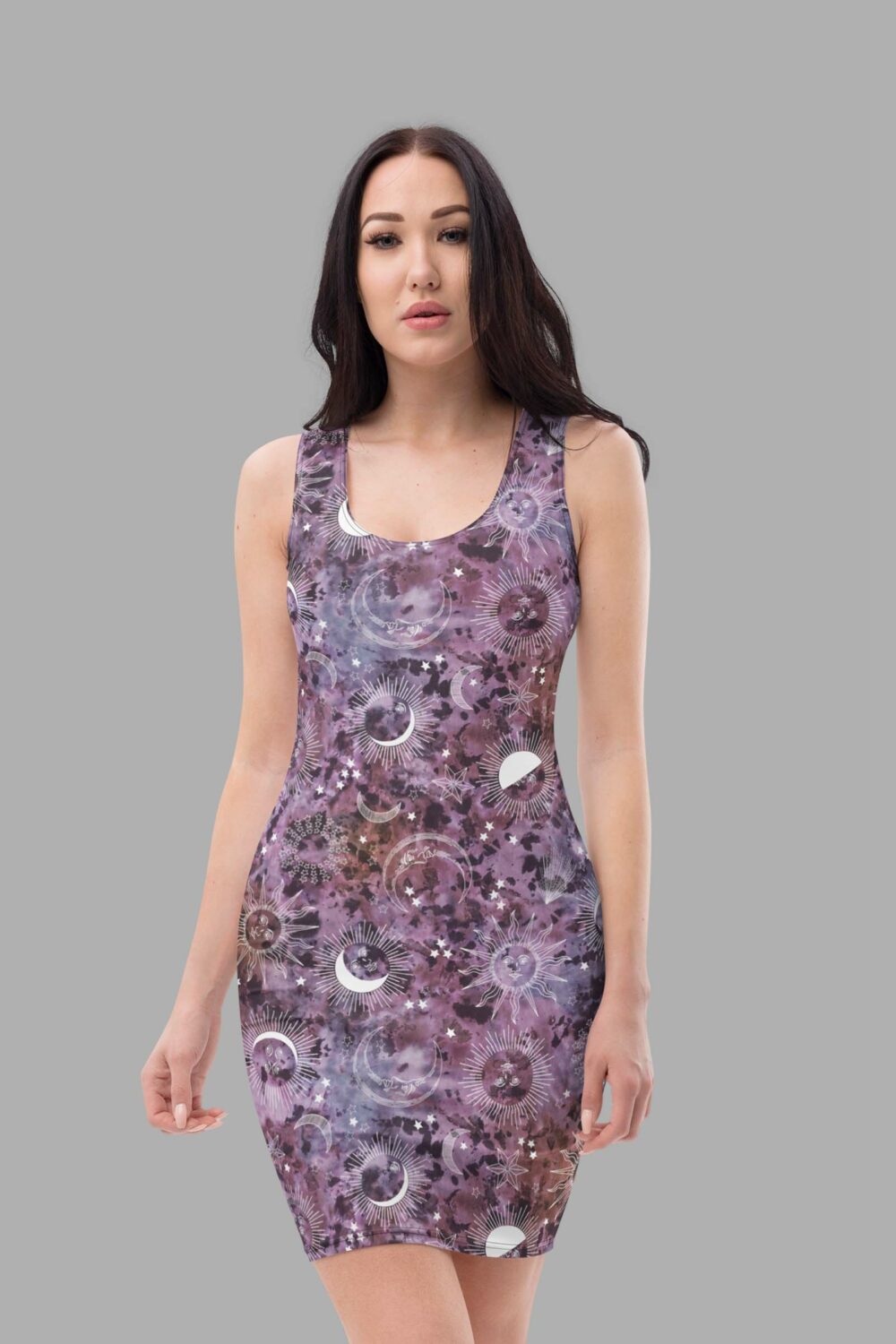 cosmic drifters stormy celeste print bodycon dress front