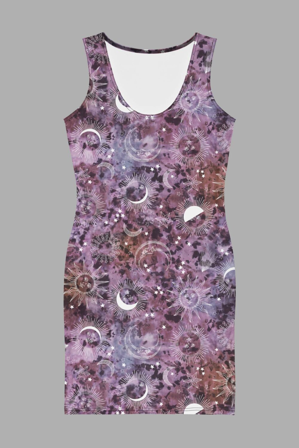 cosmic drifters stormy celeste print bodycon dress front 2