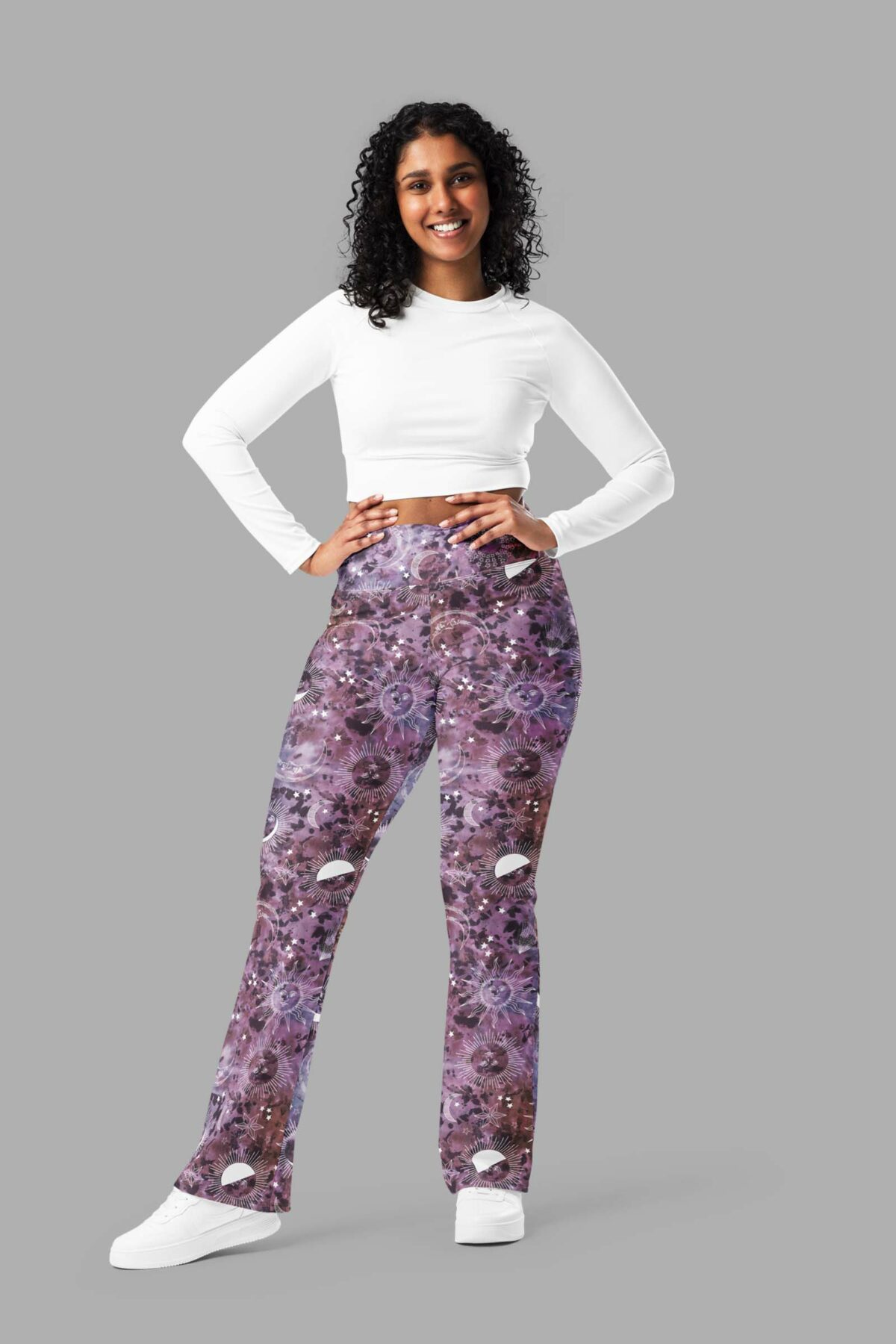 cosmic drifters stormy celeste print flare leggings front