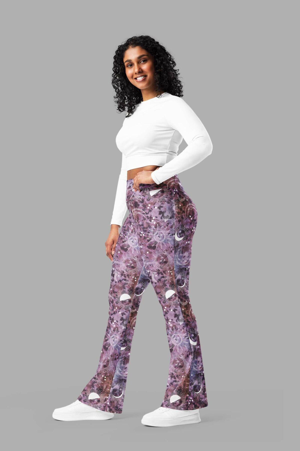 cosmic drifters stormy celeste print flare leggings side