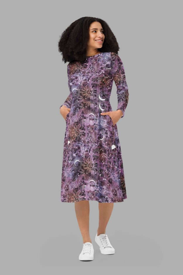 cosmic drifters stormy celeste print long sleeve midi dress 1