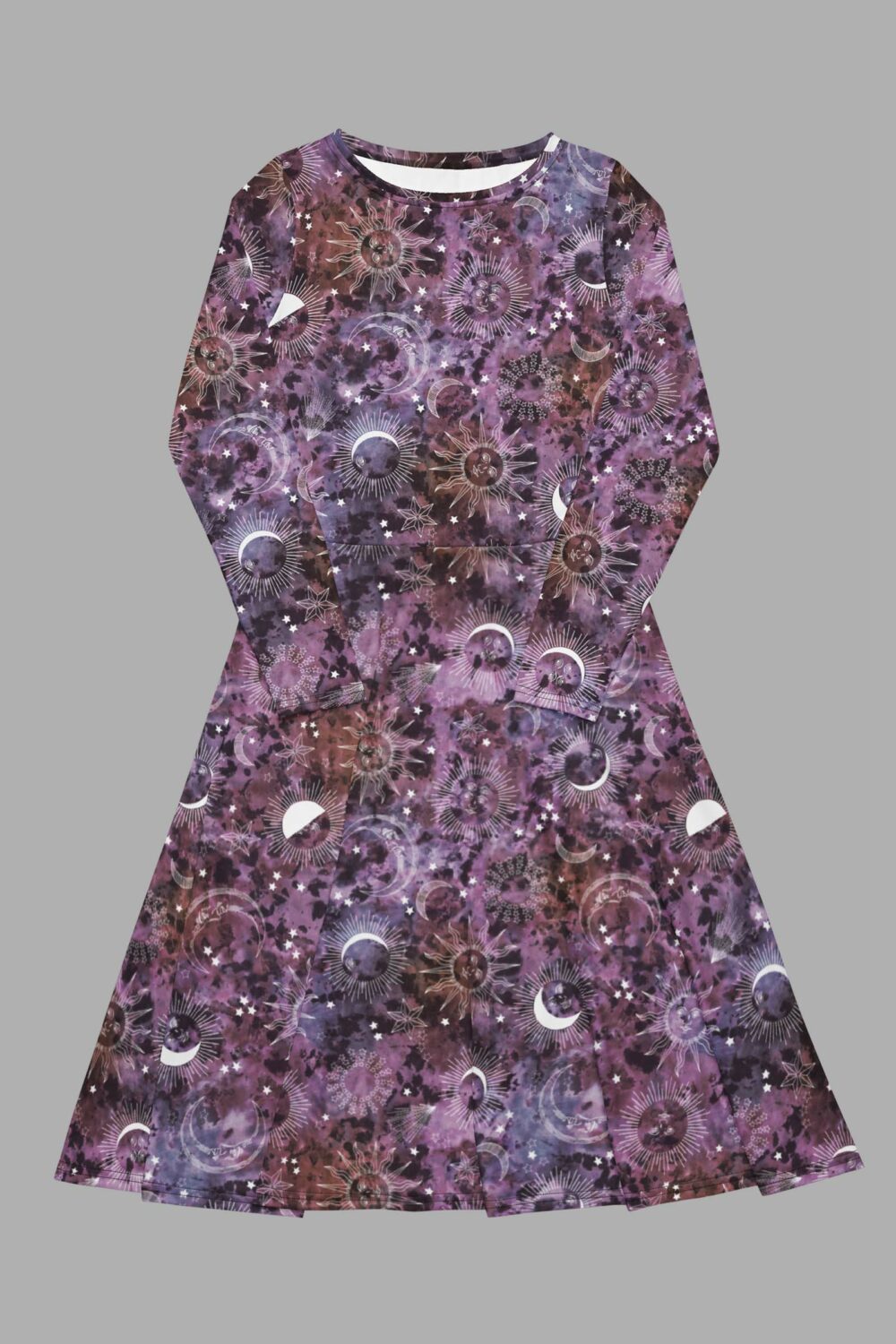 cosmic drifters stormy celeste print long sleeve midi dress front