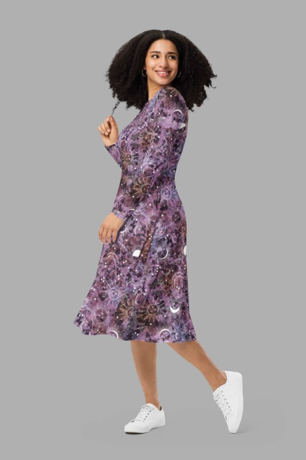 cosmic drifters stormy celeste print long sleeve midi dress side