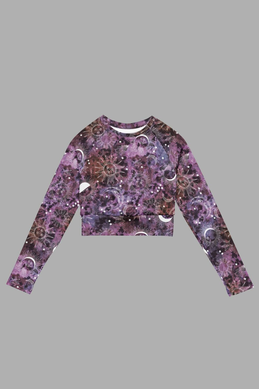 cosmic drifters stormy celeste print recycled long sleeve crop top front 2