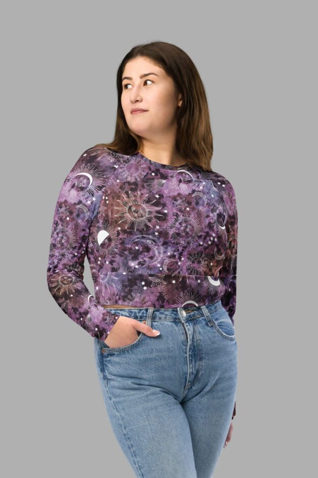 cosmic drifters stormy celeste print recycled long sleeve crop top front