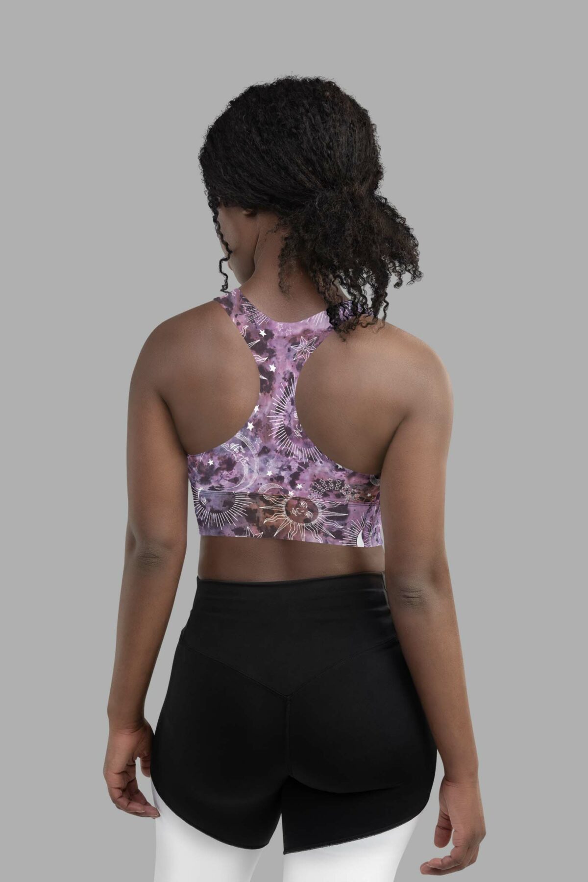 cosmic drifters stormy celeste print recycled longline sports bra back