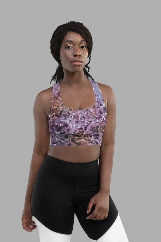 cosmic drifters stormy celeste print recycled longline sports bra front