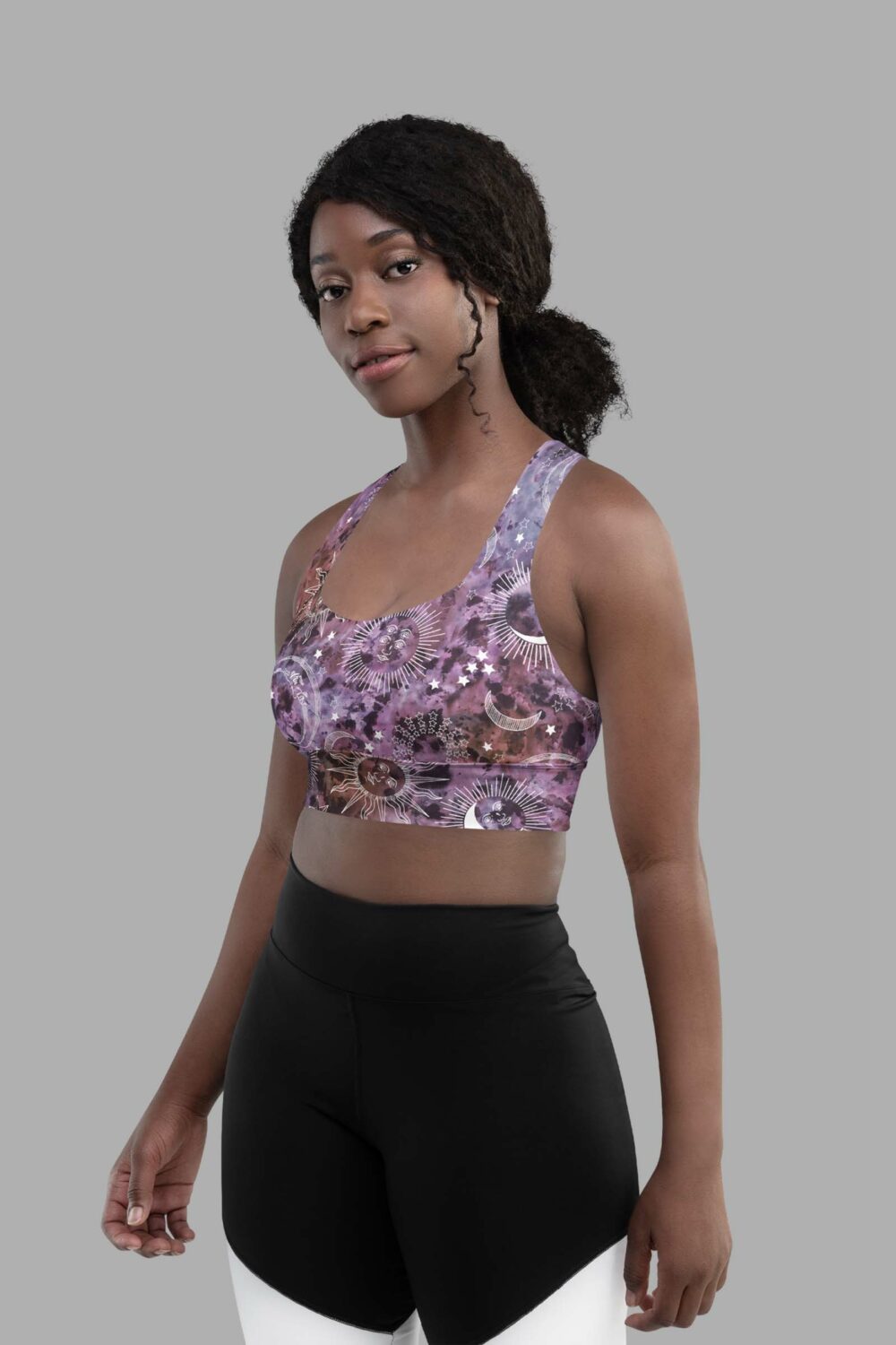 cosmic drifters stormy celeste print recycled longline sports bra side