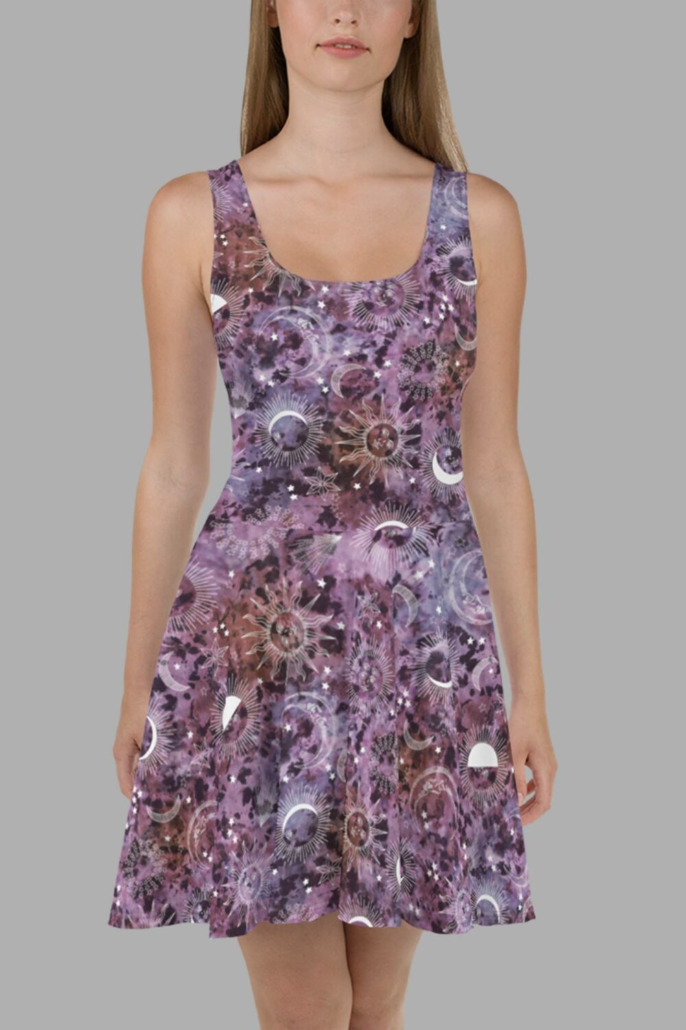 cosmic drifters stormy celeste print skater dress front 2