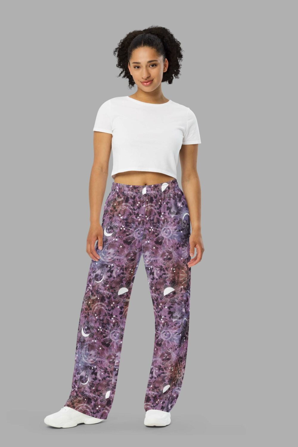 cosmic drifters stormy celeste print unisex wide leg pants front