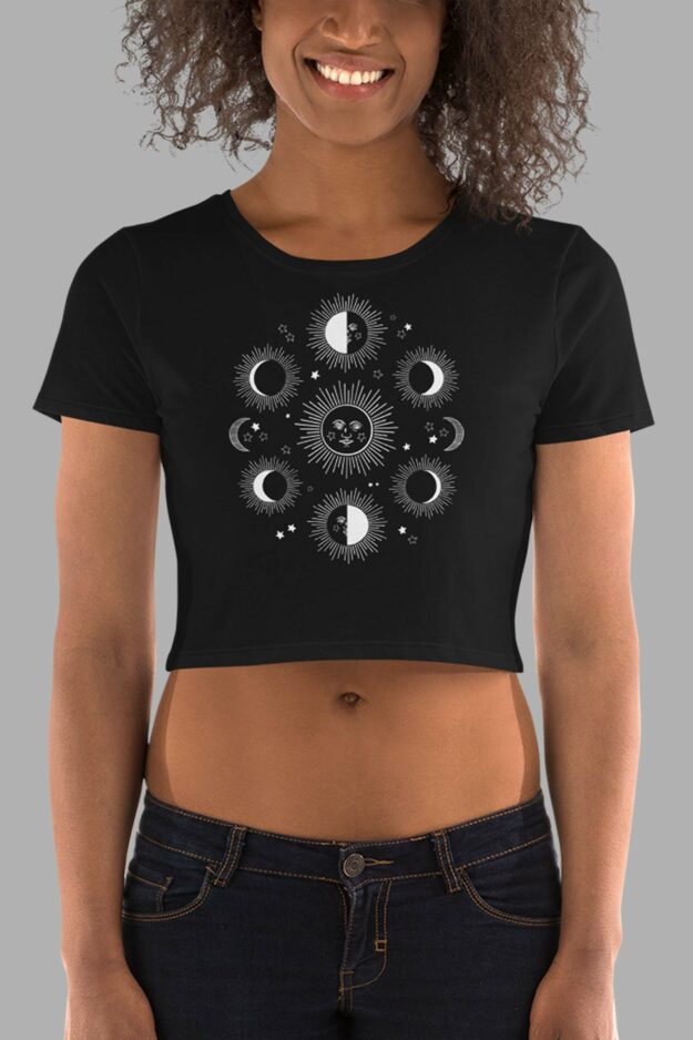 cosmic drifters stormy celeste print womens crop tee black front