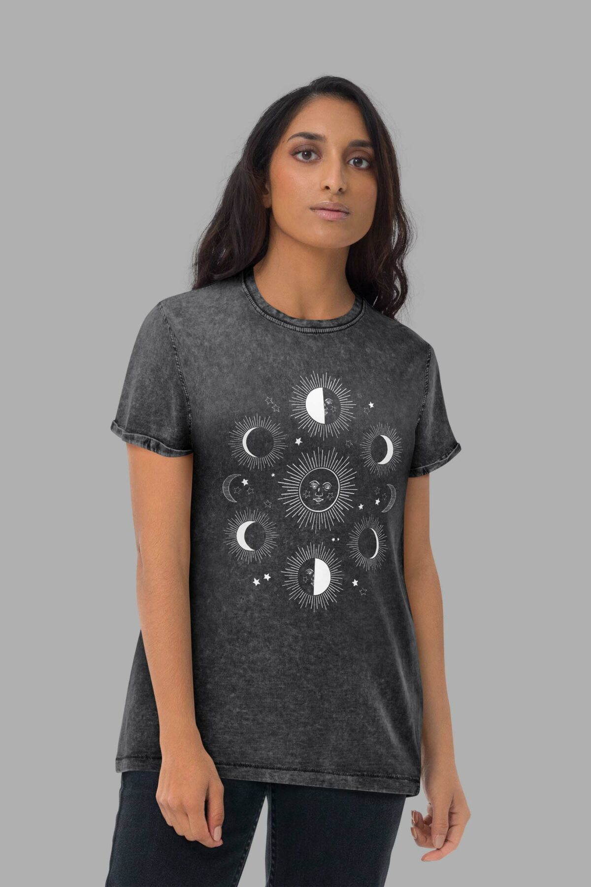 cosmic drifters stormy celeste unisex denim t shirt black front