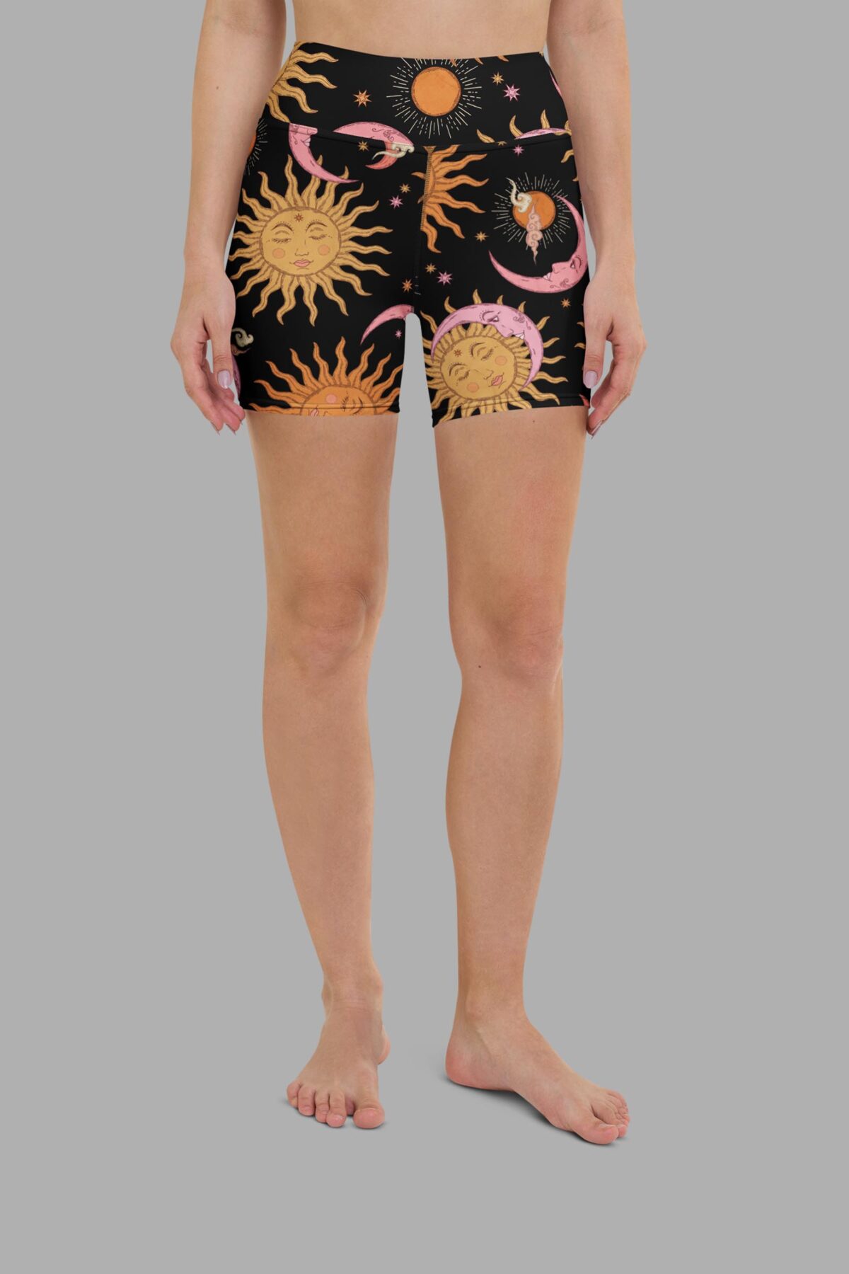 cosmic drifters stormy celestial dreams print yoga shorts front2