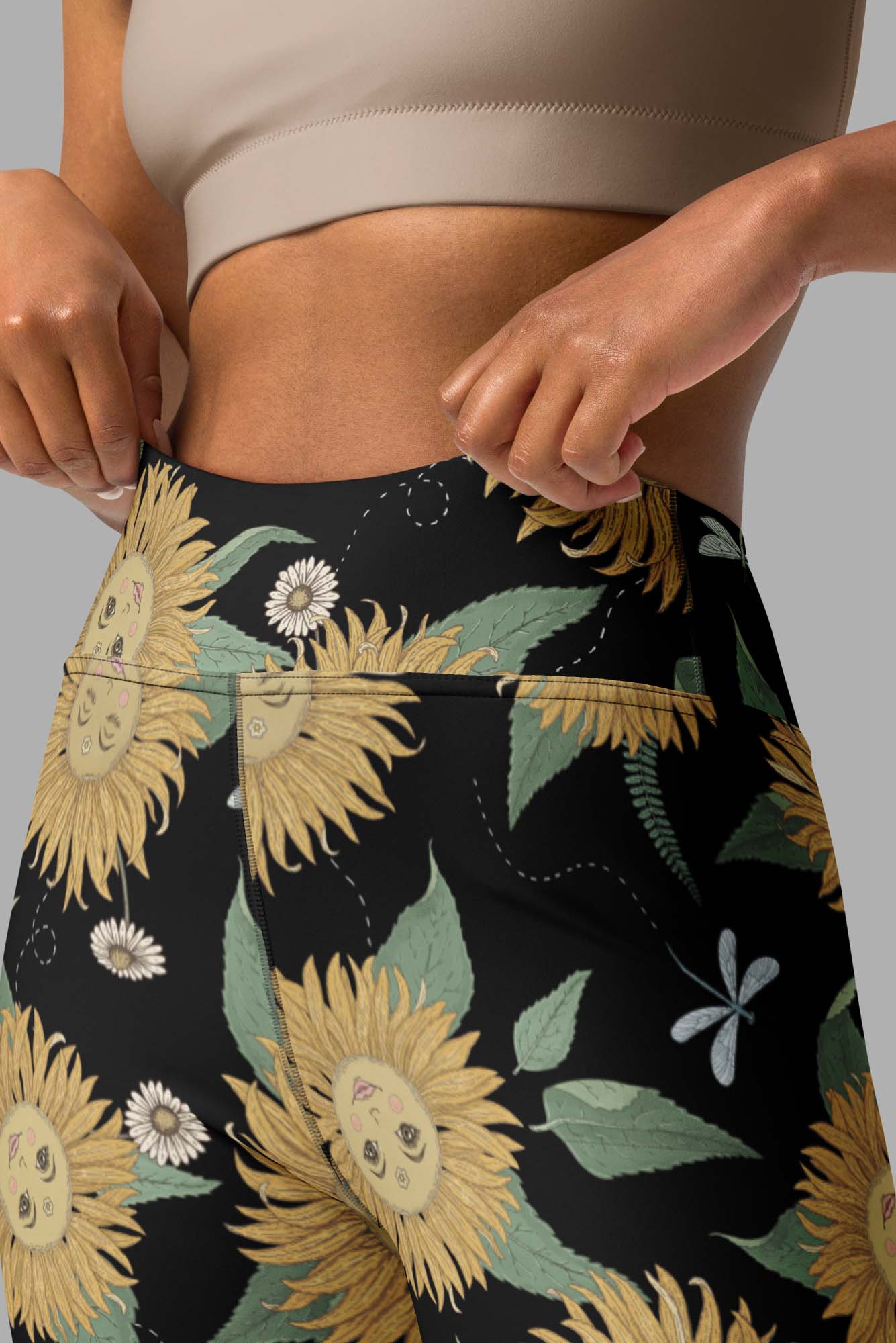 cosmic drifters sunflower daze print one piece yoga leggings close