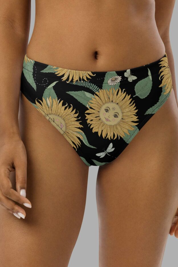 cosmic drifters sunflower daze print recycled high waisted bikini bottom front