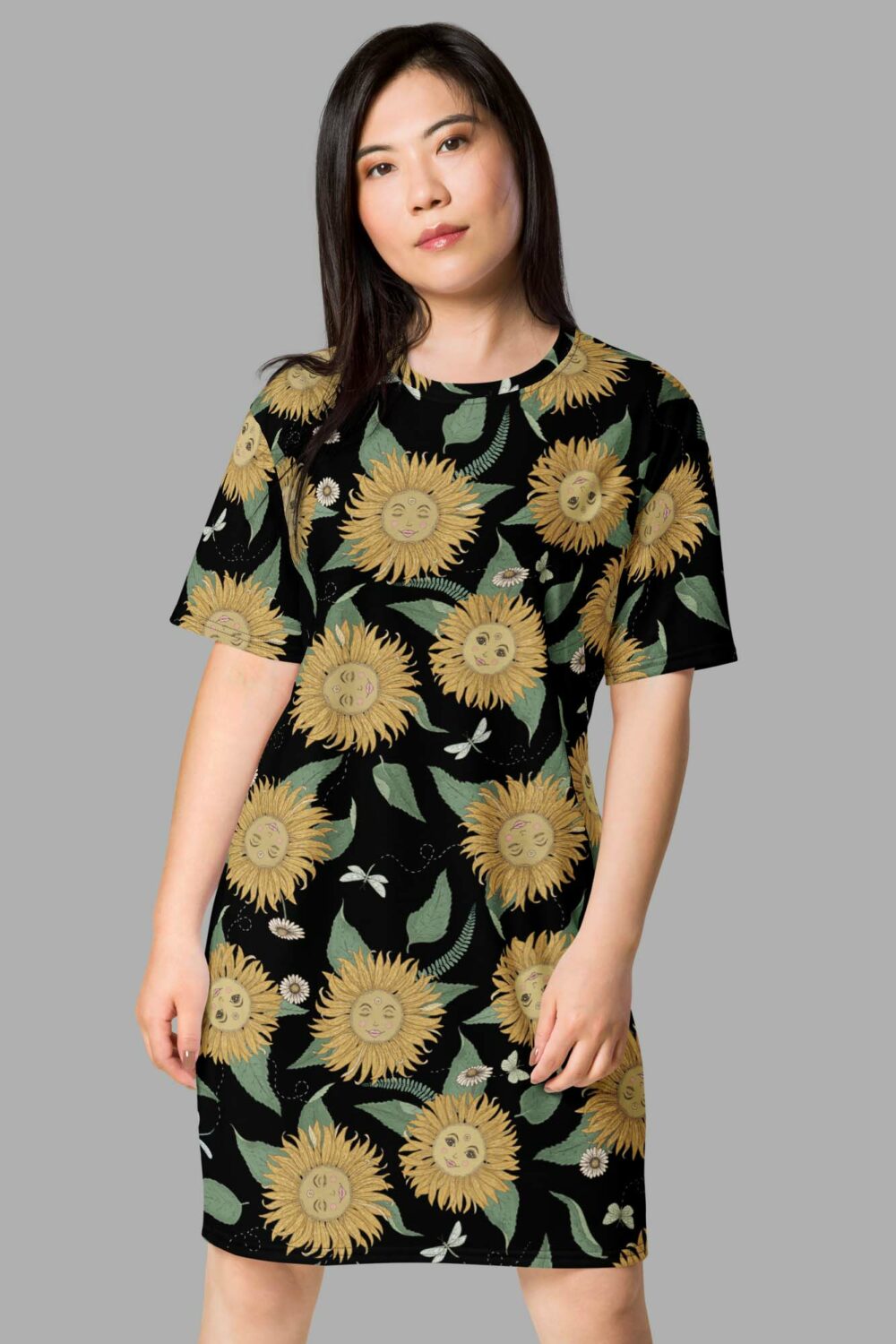 cosmic drifters sunflower daze print t shirt dress front2