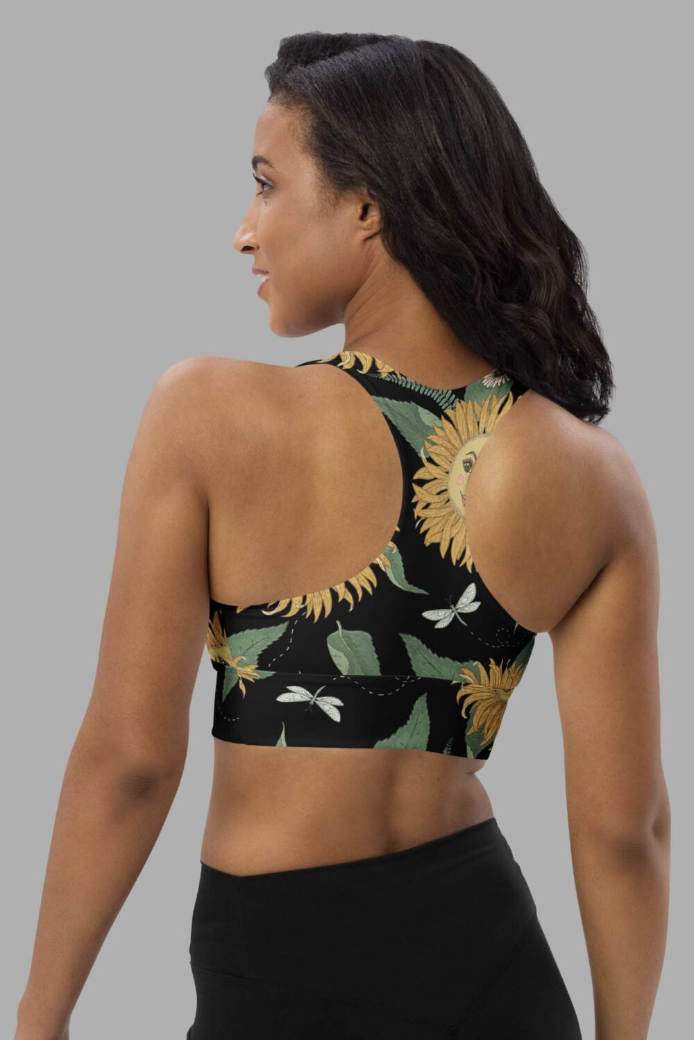 cosmic drifters sunflower print print print longline sports bra back